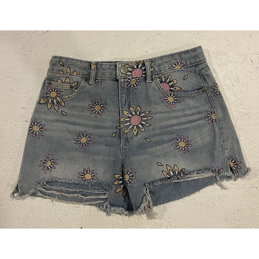 No Boundaries Juniors 9 Denim Shorts Daisy Print High Rise Frayed Festival Y2K